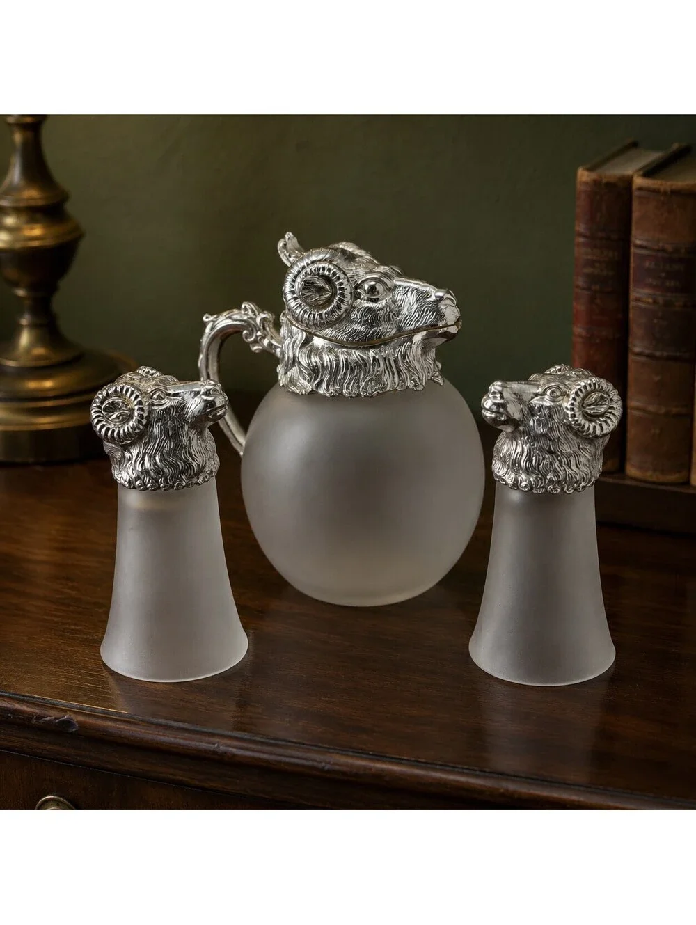 Vintage Ram Head Claret Jug & 2 Stirrup Cups Silverplate